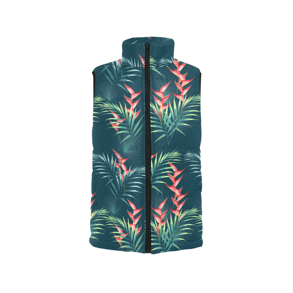 heliconia flowers, palm and monstera leaves on bla Women's Padded Vest