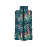 heliconia flowers, palm and monstera leaves on bla Women's Padded Vest