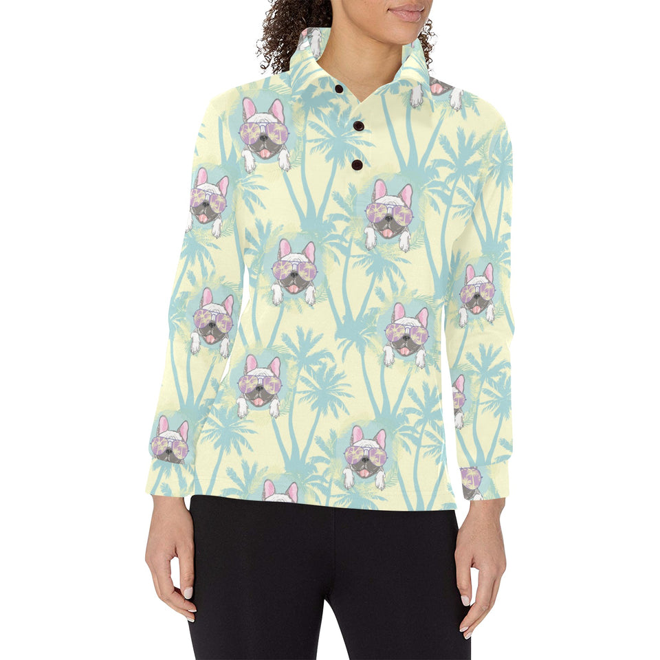 French bulldog hawaii blackground Women's Long Sleeve Polo Shirt