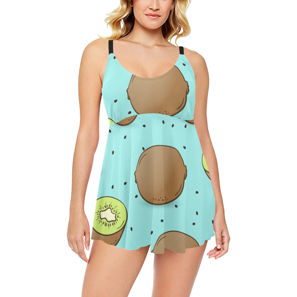 Kiwi blue background Chest Sexy Pleated Two Piece Swim Dress