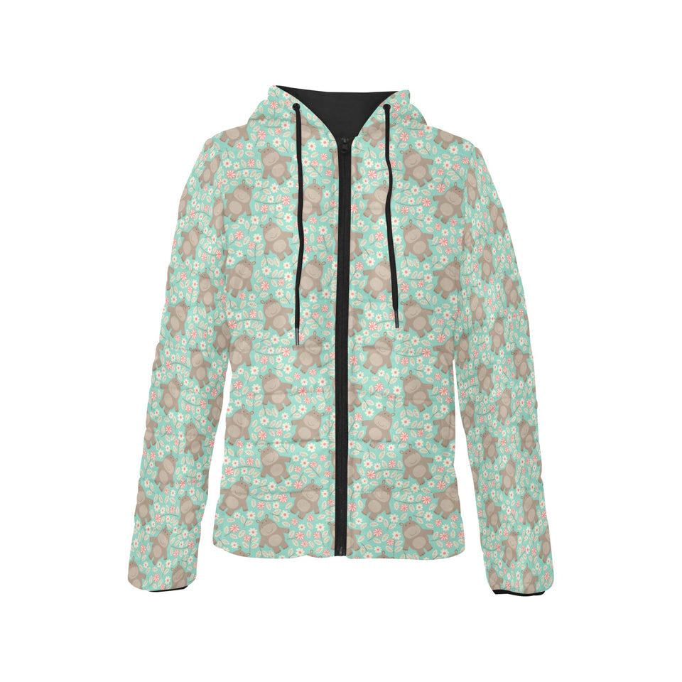Hippopotamus Pattern Print Design 02 Women's Padded Hooded Jacket