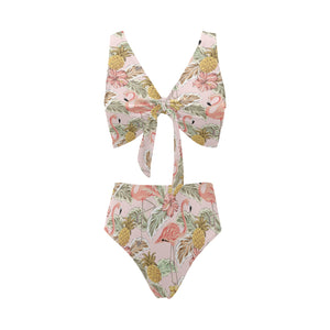 Pink flamingo birds pineapples hibiscus flower pat Chest Bowknot High Waisted Bikini Swimsuit