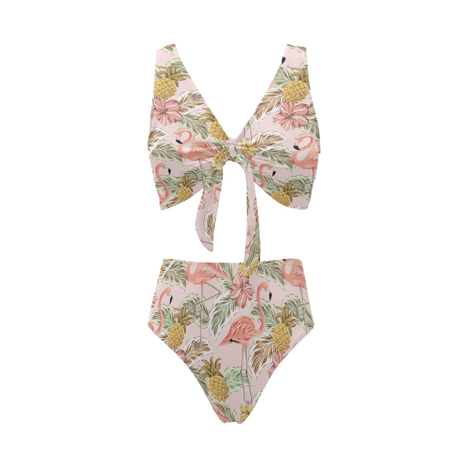 Pink flamingo birds pineapples hibiscus flower pat Chest Bowknot High Waisted Bikini Swimsuit