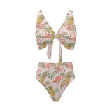 Pink flamingo birds pineapples hibiscus flower pat Chest Bowknot High Waisted Bikini Swimsuit