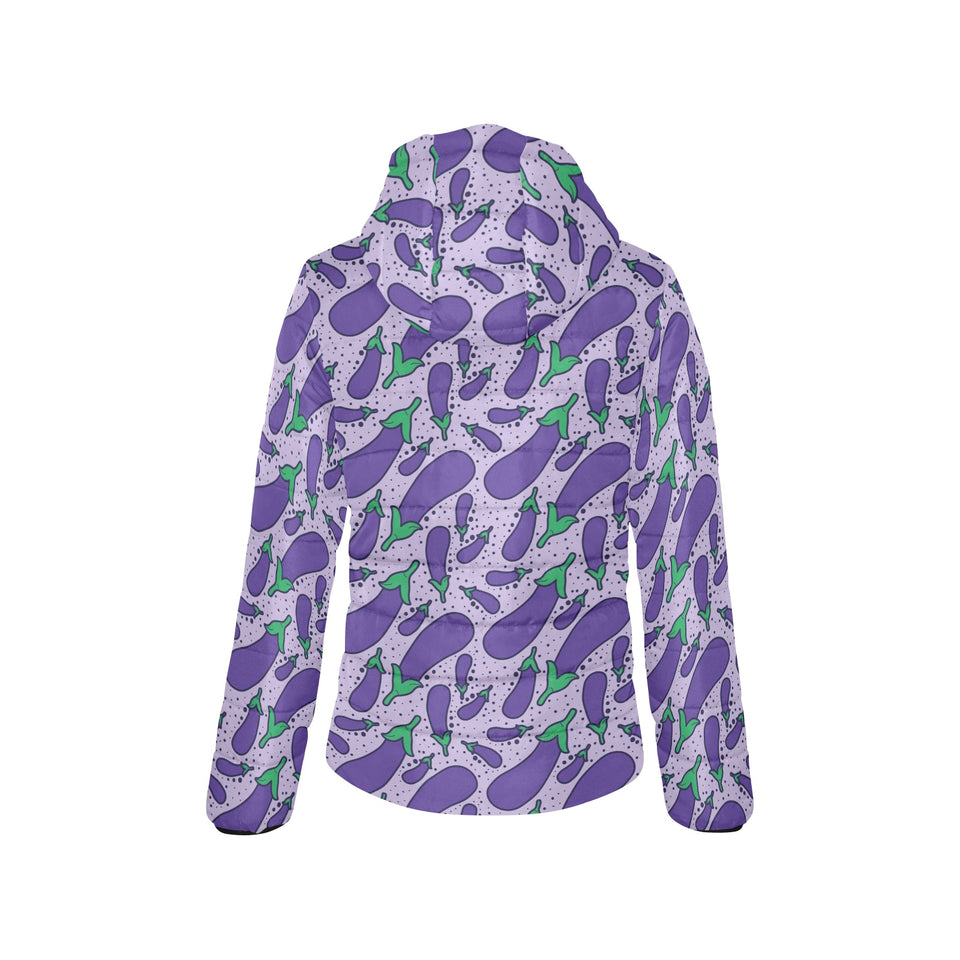 Eggplant Pattern Print Design 03 Women's Padded Hooded Jacket
