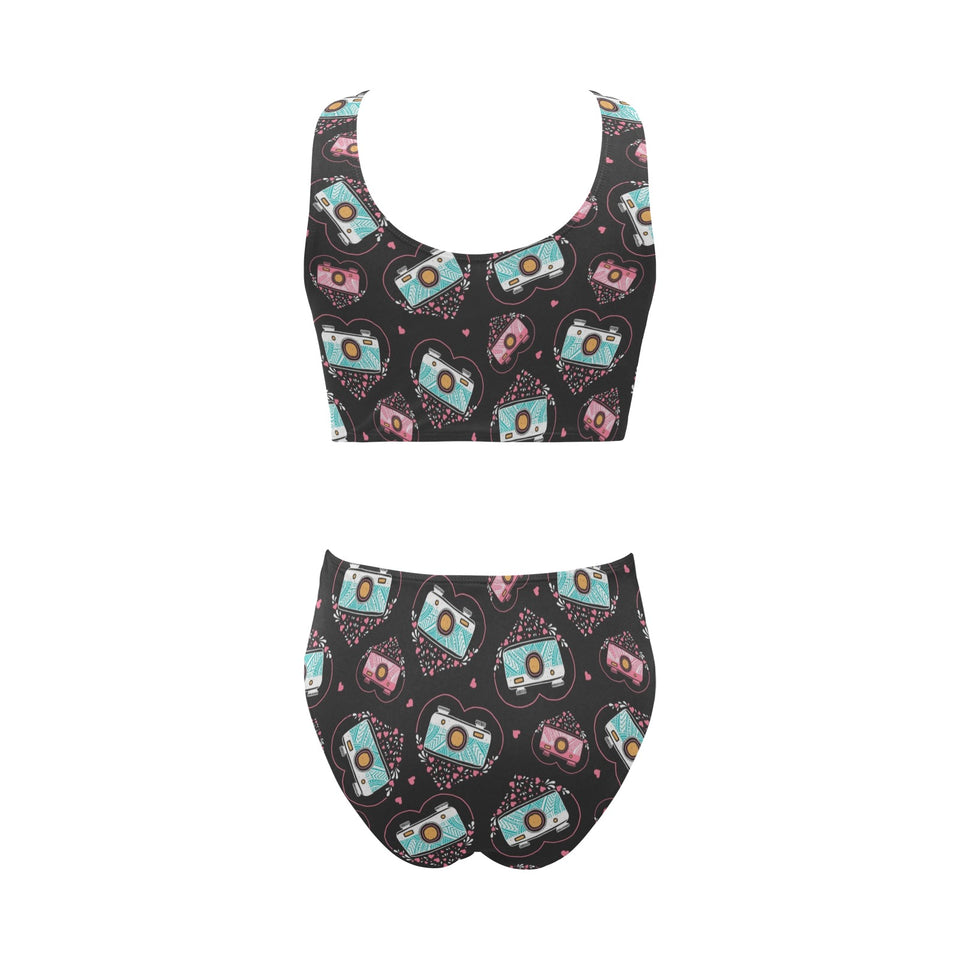 Camera Pattern Print Design 04 Chest Bowknot High Waisted Bikini Swimsuit