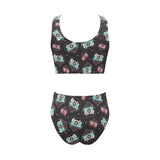 Camera Pattern Print Design 04 Chest Bowknot High Waisted Bikini Swimsuit
