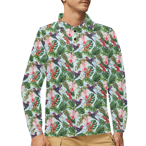 Hummingbird Pattern Print Design 05 Men's Long Sleeve Polo Shirt