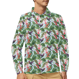 Hummingbird Pattern Print Design 05 Men's Long Sleeve Polo Shirt