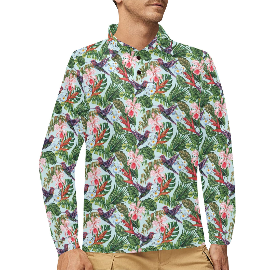 Hummingbird Pattern Print Design 05 Men's Long Sleeve Polo Shirt