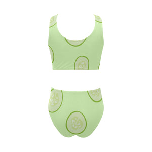 Cucumber pattern Chest Bowknot High Waisted Bikini Swimsuit