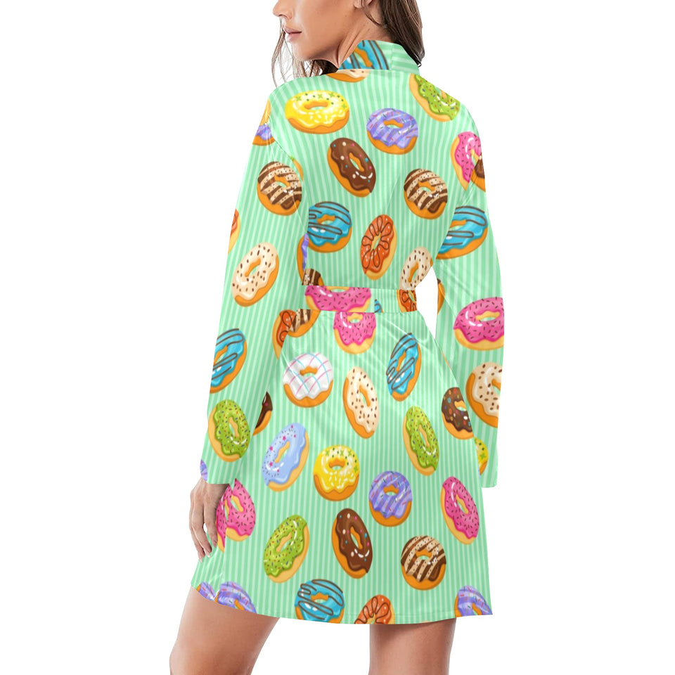 Colorful donut pattern green background Women's Long Sleeve Belted Night Robe