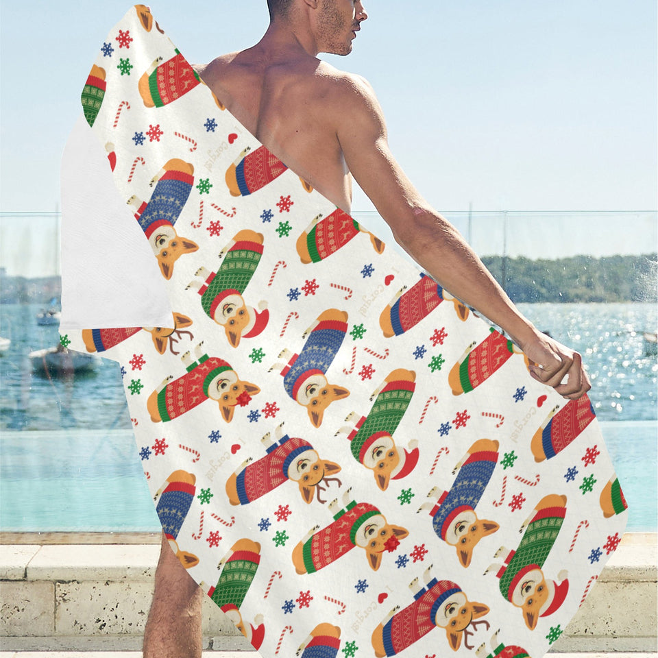 Corgi Christmas Pattern Beach Towel