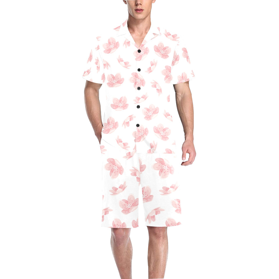 Pink sakura cherry blossom pattern Men's V-Neck Short Pajama Set