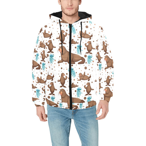 sea lion Seals jellyfish pattern Men's Padded Hooded Jacket