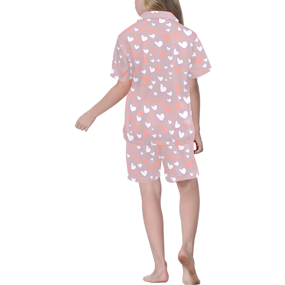 coral white heart pattern Kids' Boys' Girls' V-Neck Short Pajama Set