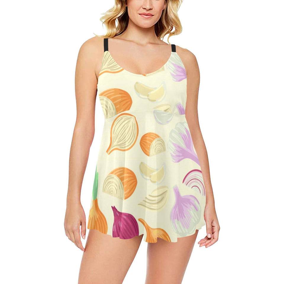 Onion garlic white red pattern Chest Sexy Pleated Two Piece Swim Dress