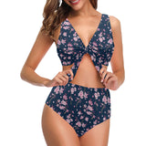 Pink sakura cherry blossom blue background Chest Bowknot High Waisted Bikini Swimsuit