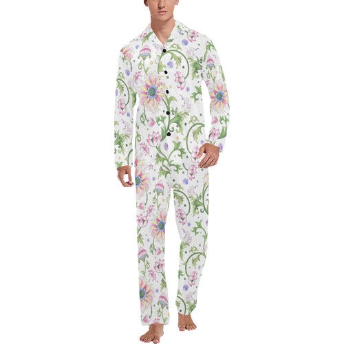 Beautiful pink lotus waterlily leaves pattern Men's Long Pajama Set