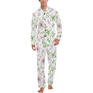 Beautiful pink lotus waterlily leaves pattern Men's Long Pajama Set