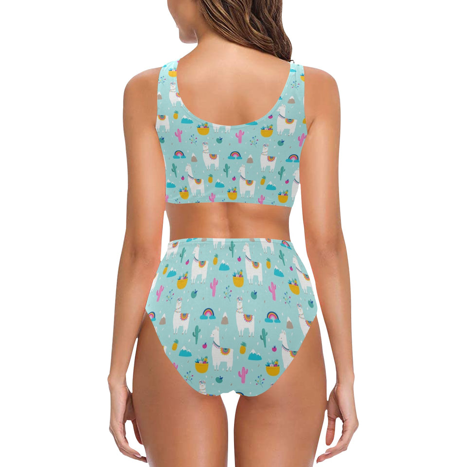 Llama alpaca cactus leaves pattern Chest Bowknot High Waisted Bikini Swimsuit