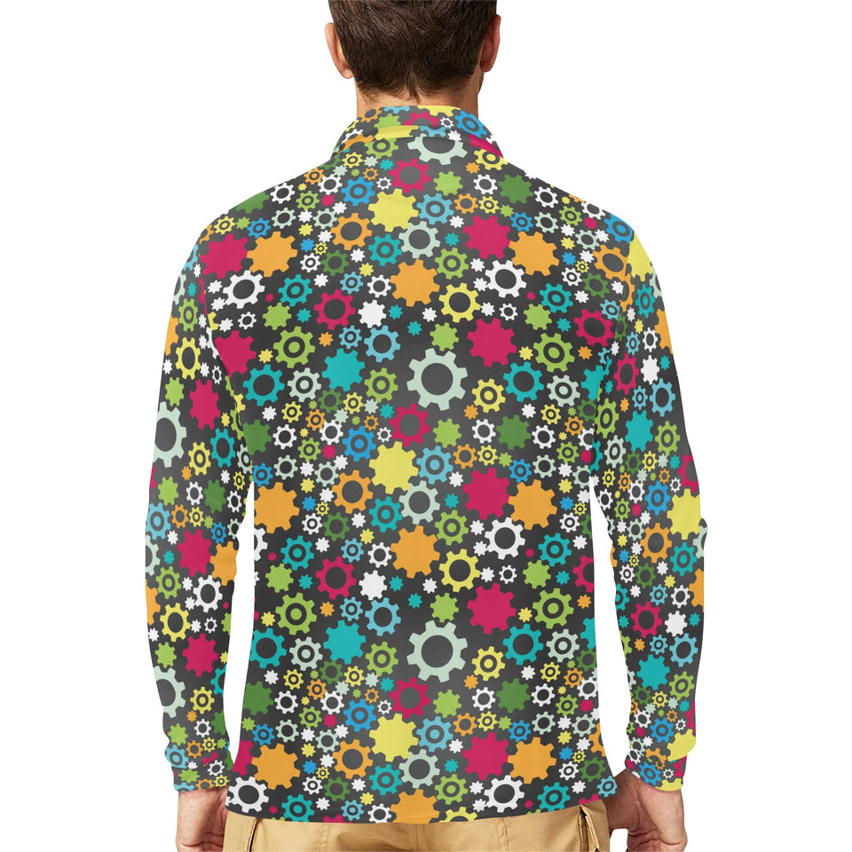Gear Pattern Print Design 03 Men's Long Sleeve Polo Shirt