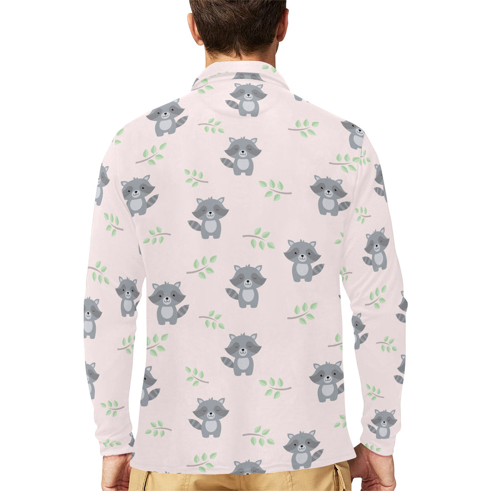 cute raccoons leaves pattern Men's Long Sleeve Polo Shirt