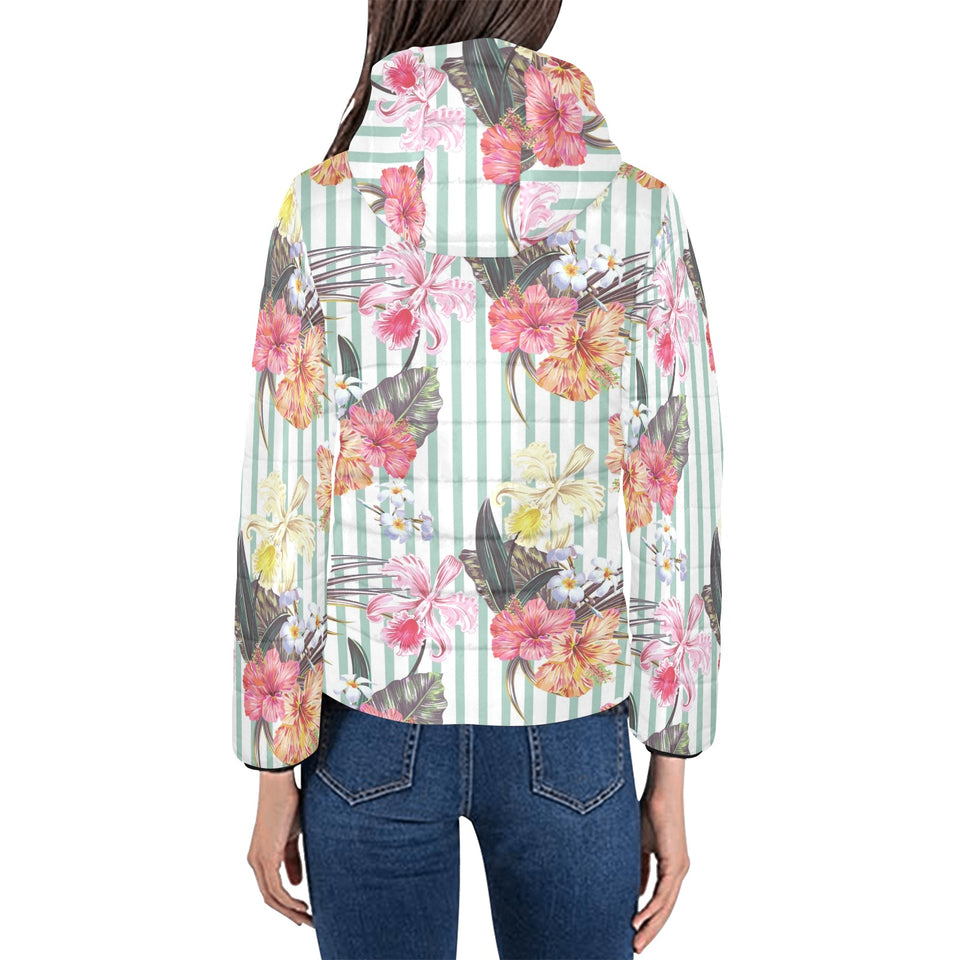 Colorful orchid flower pattern Women's Padded Hooded Jacket
