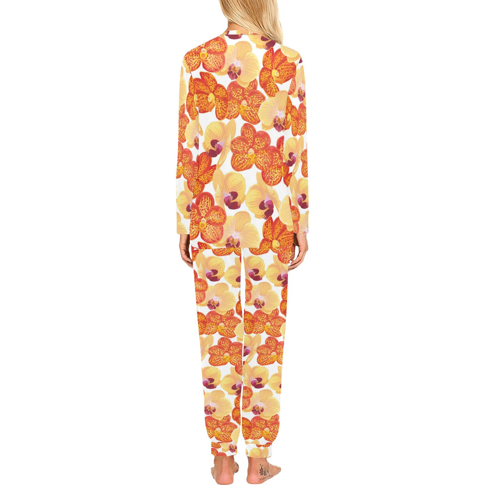 Orange yellow orchid flower pattern background Women's All Over Print Pajama Set