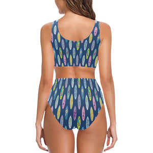 Surfboard Pattern Print Design 03 Chest Bowknot High Waisted Bikini Swimsuit