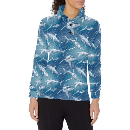 Shark hand drawn Women's Long Sleeve Polo Shirt