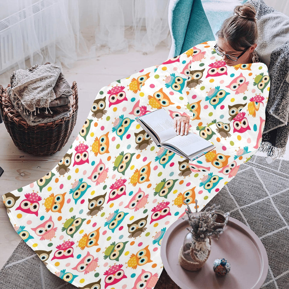 Color cute owl pattern Blanket Robe with Sleeves