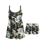 Japanese crane ornament elements Chest Sexy Pleated Two Piece Swim Dress