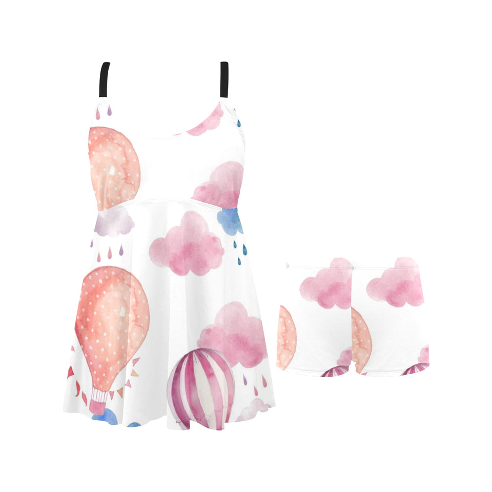 Watercolor air balloon cloud pattern Chest Sexy Pleated Two Piece Swim Dress