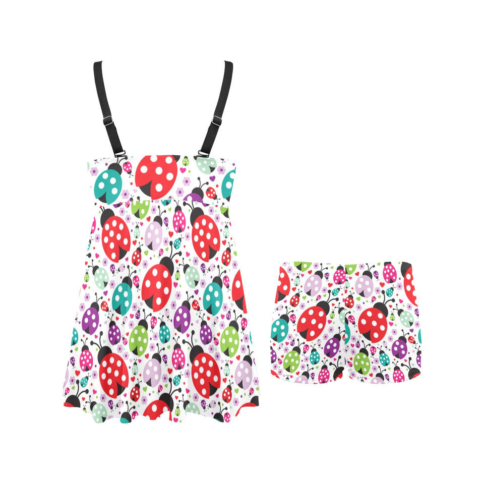 Ladybug Pattern Print Design 03 Chest Sexy Pleated Two Piece Swim Dress