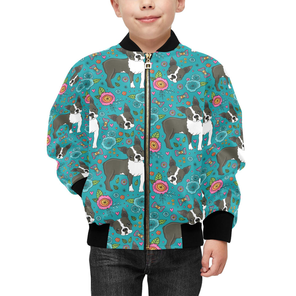 Boston terrier beautiful flower pattern Kids' Boys' Girls' Bomber Jacket