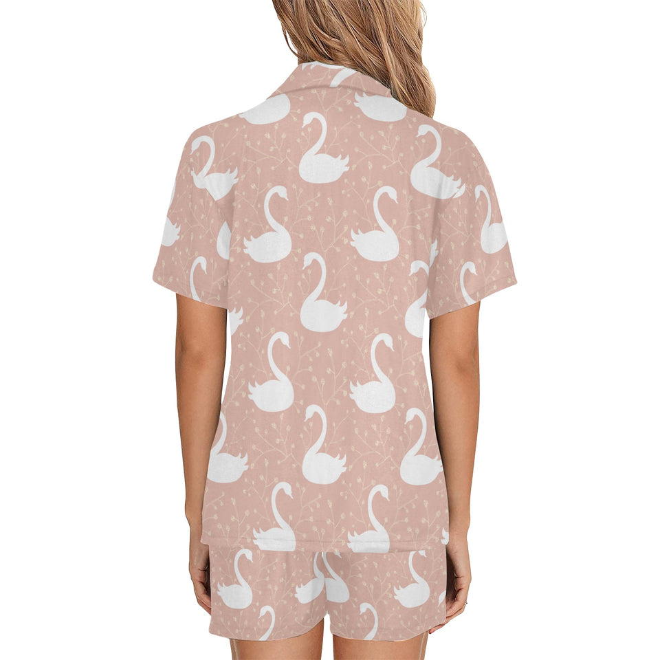 Swan flower light pink background Women's V-Neck Short Pajama Set