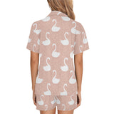 Swan flower light pink background Women's V-Neck Short Pajama Set