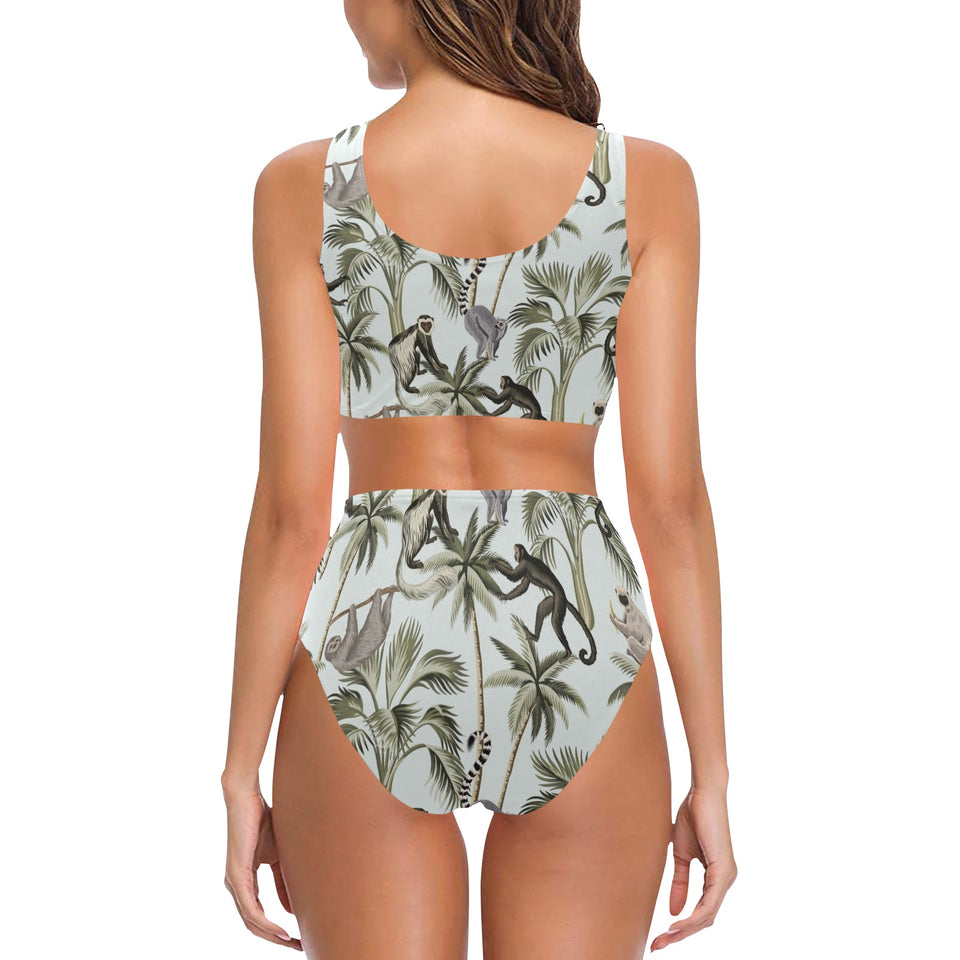 Monkey sloth lemur palm trees pattern Chest Bowknot High Waisted Bikini Swimsuit