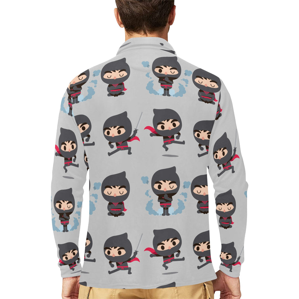 Cute ninja pattern Men's Long Sleeve Polo Shirt