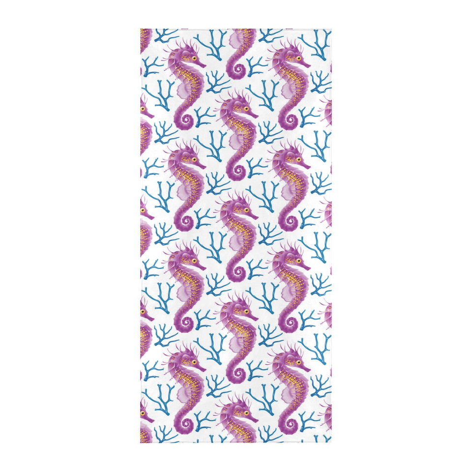 Purple seahorse blue coral pattern Beach Towel