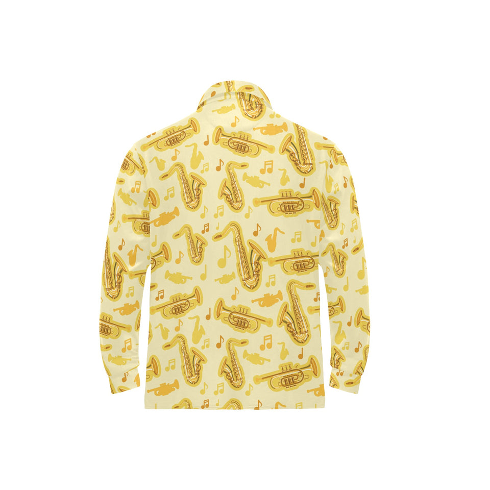 Saxophone cornet pattern yellow background Men's Long Sleeve Polo Shirt