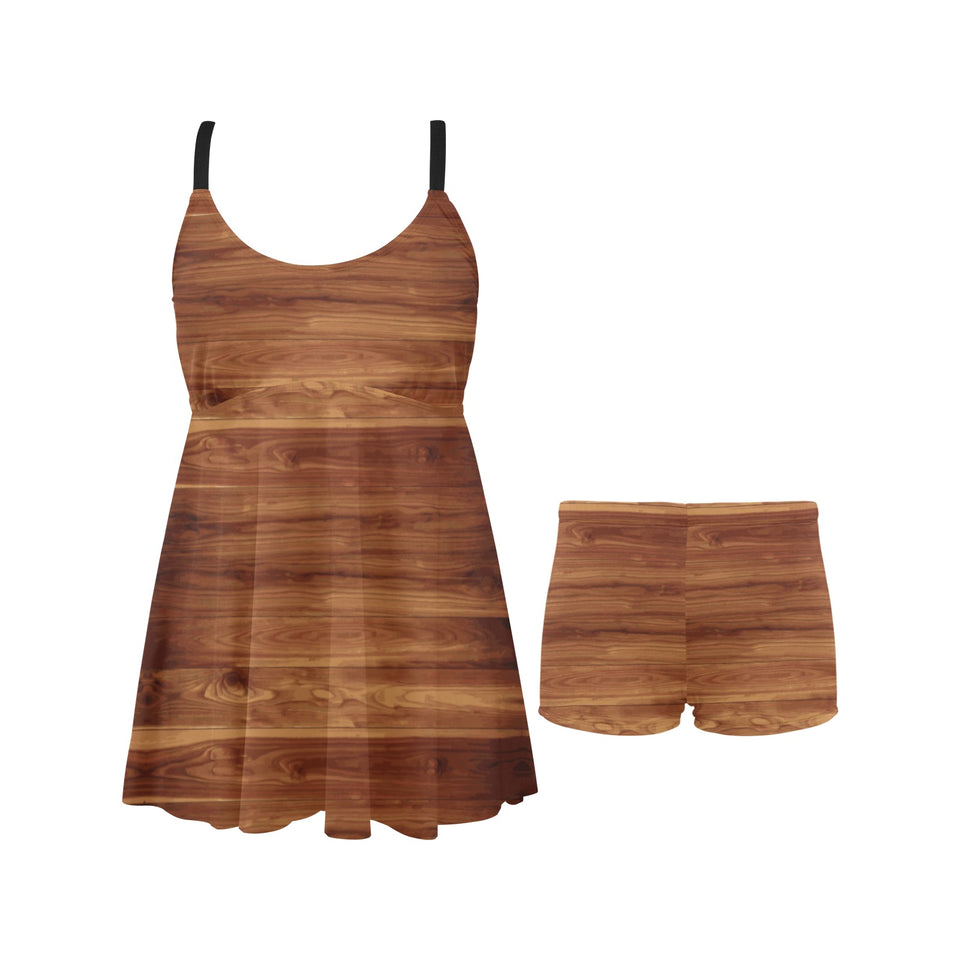 Wood Printed Pattern Print Design 04 Chest Sexy Pleated Two Piece Swim Dress