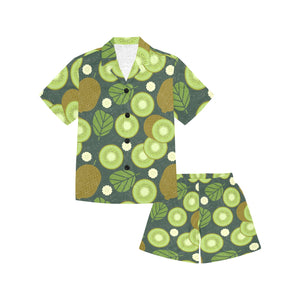 Whole sliced kiwi leave and flower Kids' Boys' Girls' V-Neck Short Pajama Set