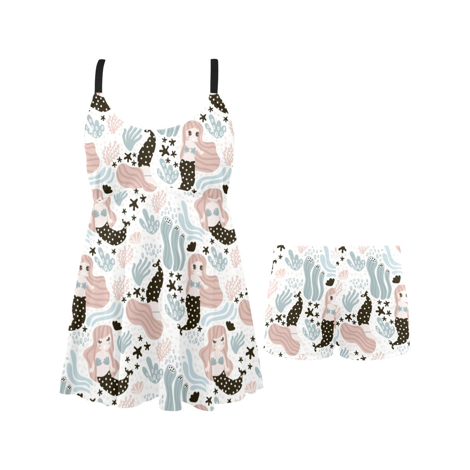 cute mermaid pattern Chest Sexy Pleated Two Piece Swim Dress