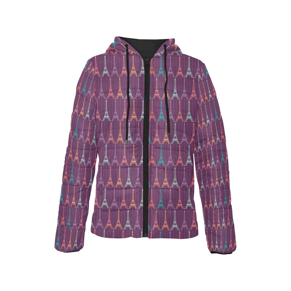 Eiffel Tower Pattern Print Design 05 Women's Padded Hooded Jacket
