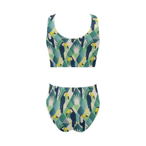 Toucan tropical leaves design pattern Chest Bowknot High Waisted Bikini Swimsuit