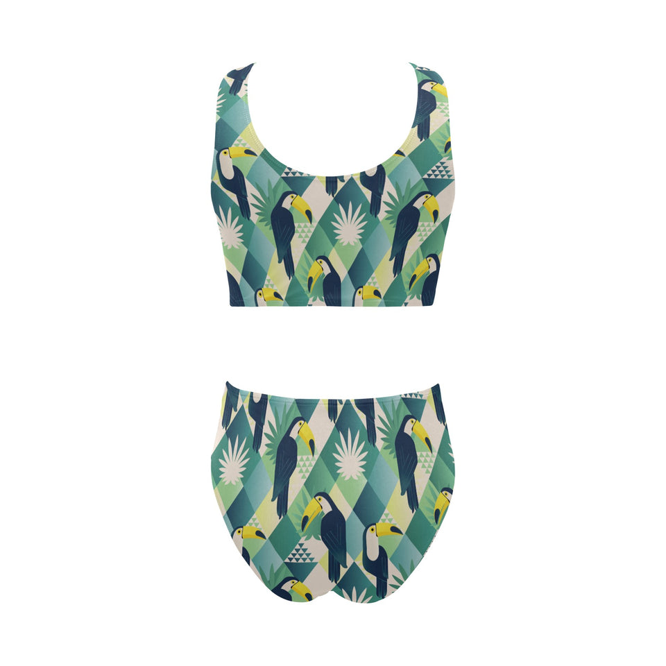 Toucan tropical leaves design pattern Chest Bowknot High Waisted Bikini Swimsuit