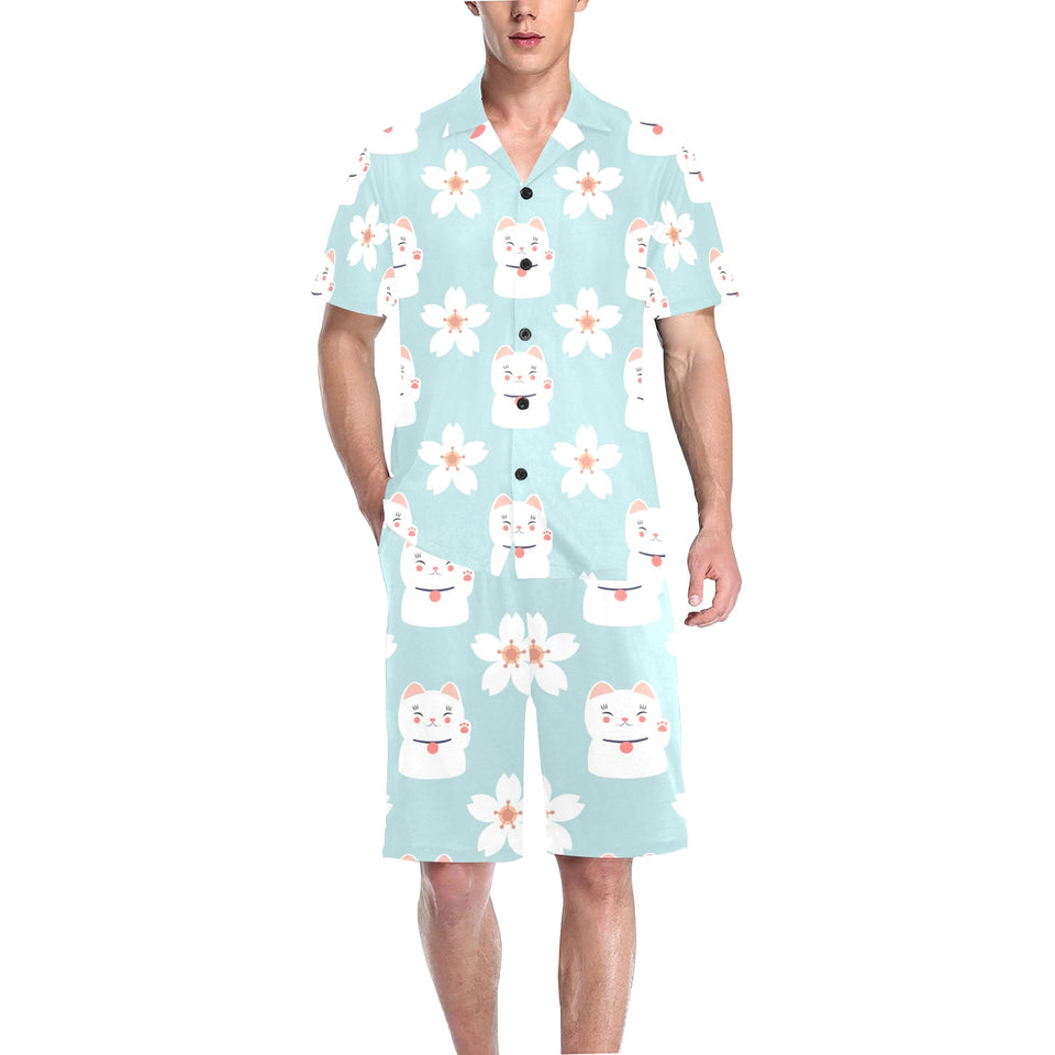 Maneki neko cat sakura Men's V-Neck Short Pajama Set