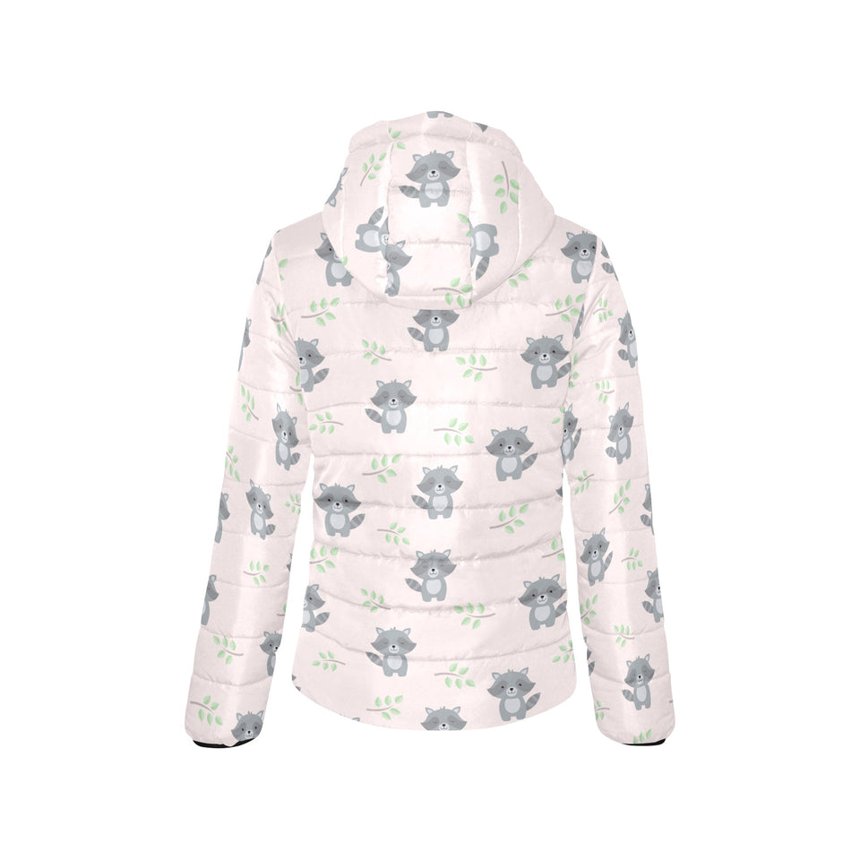 cute raccoons leaves pattern Women's Padded Hooded Jacket